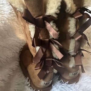 UGG Women's Brown Boots with Shearling and Satin Bows